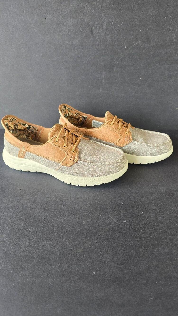 Skechers Slip-ins Shoes Womens Size 8 Beige Canvas Boat Memory Foam Casual